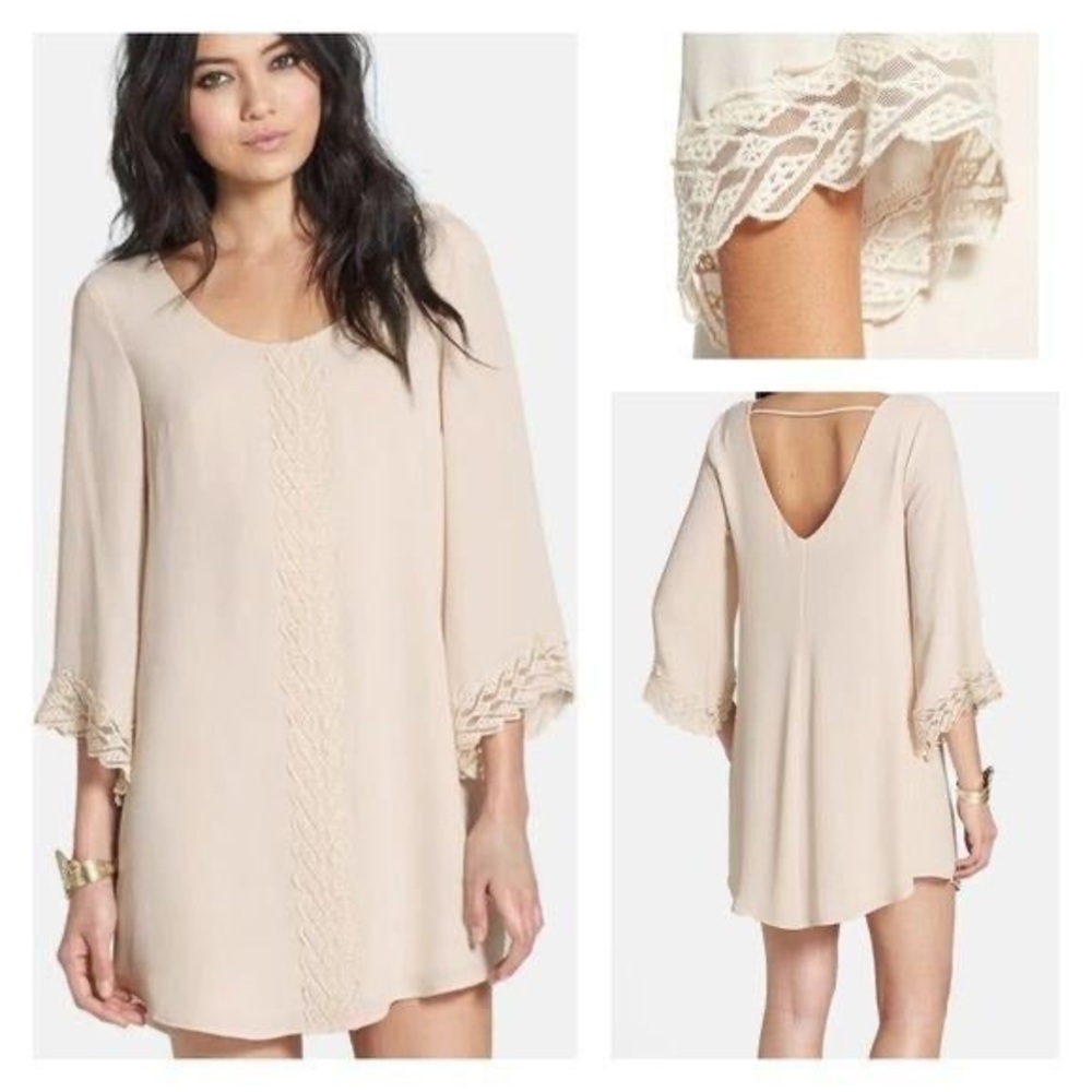 ASTR The Label Cream Boho Lace Angel Sleeve Plunging Back Shift Cocktail Dress